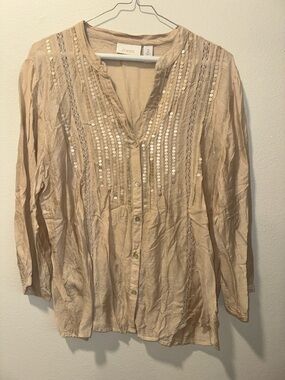 Chico's Nude-Beige Sequin Pintuck Button-Front Blouse